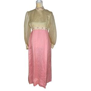 Vintage 60s 70s Empire Gown White Pink Organza Lace Ribbon Trim‎ Formal Dress
